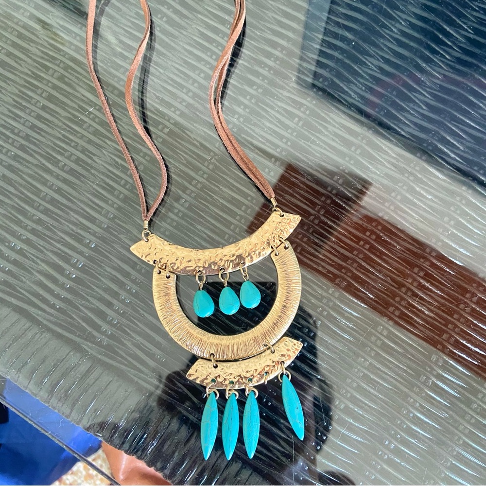 Long bohemian statement necklace w/ large hammered gold and turquoise pendant